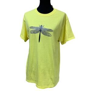New Hand Printed Womens Medium Dragonfly Short Sleeve Cotton Blend Tee